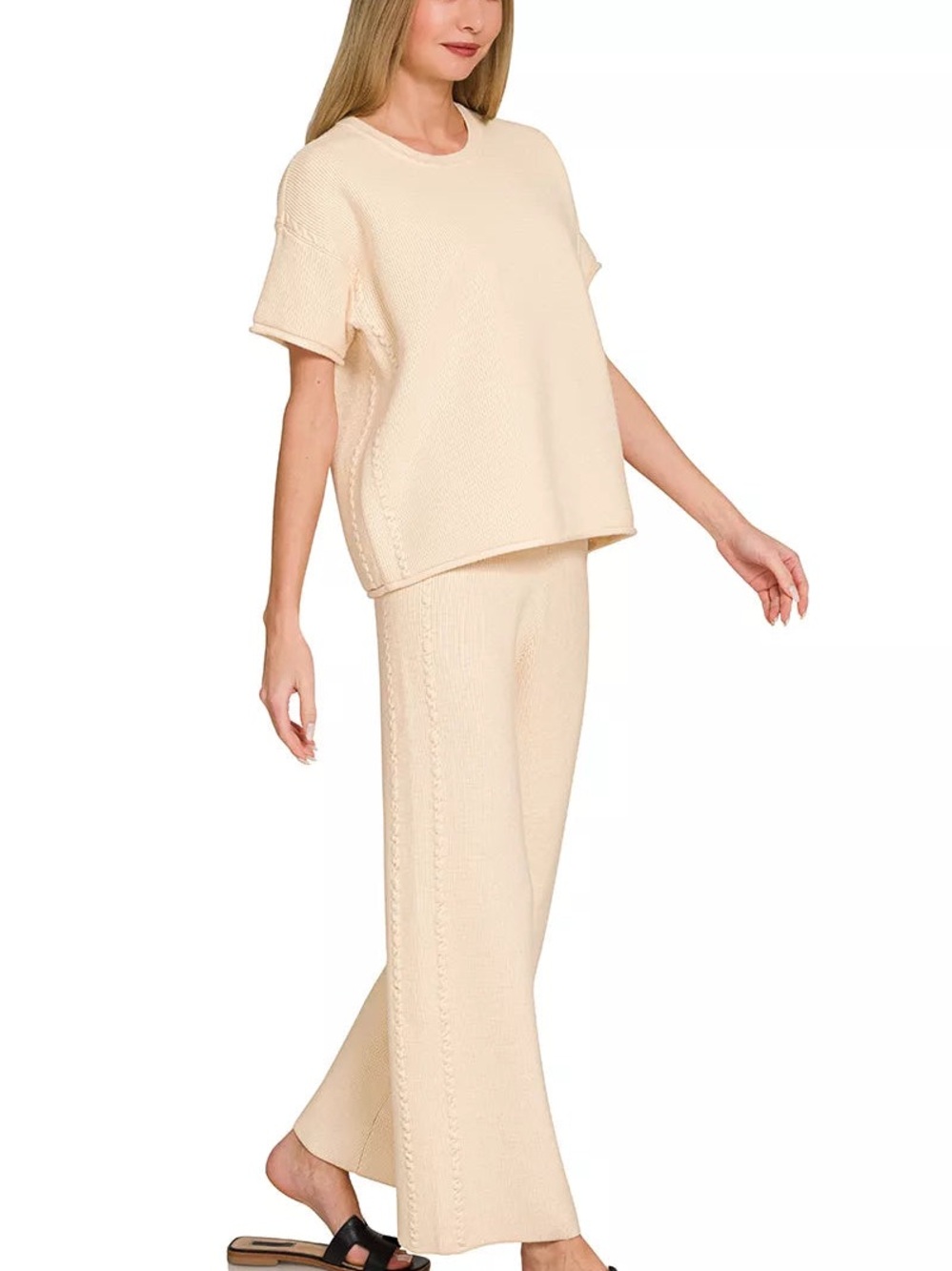 Zenana  Cream sweater set with Wide-Leg Knit Pants